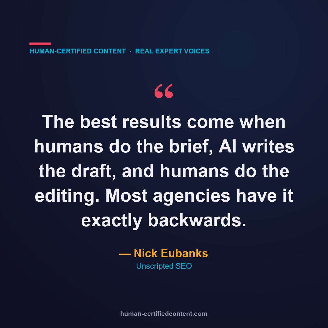 Nick Eubanks quote: humans brief, AI drafts, humans edit