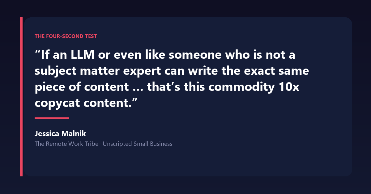 Jessica Malnik quote card explaining that content an LLM or non-expert could write is commodity copycat content.